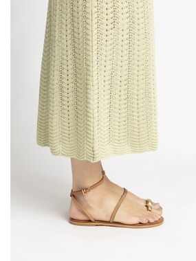 Larroude Biarritz Ankle wrap, flat sandal in Carmel leather.